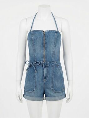 Juicy Couture Denim Halter Romper Zip Front Tie Waist Festival Summer One Piece